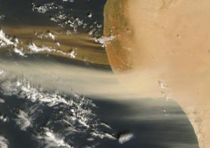 Two-toned dust plumes blew northward off the coast of Libya on October 26, 2007